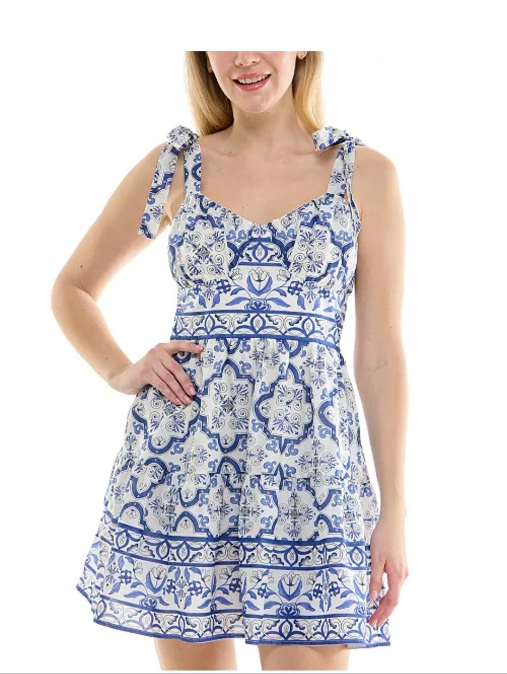 NWT Trixxi Blue White Tie Strap Mini Dress Porcelain Print Fit & Flare Size XXL